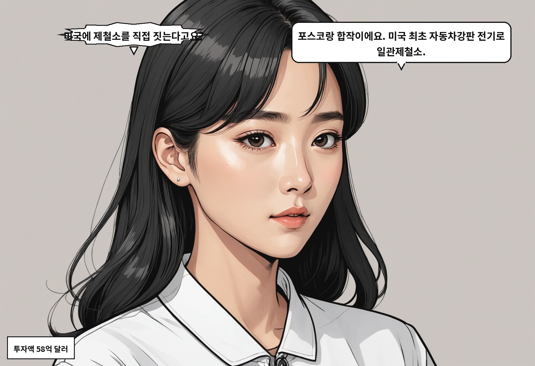 A: 미국에 제철소를 직접 짓는다고요? B: 포스코랑 합작이에요. 미국 최초 자동차강판 전기로 일관제철소.