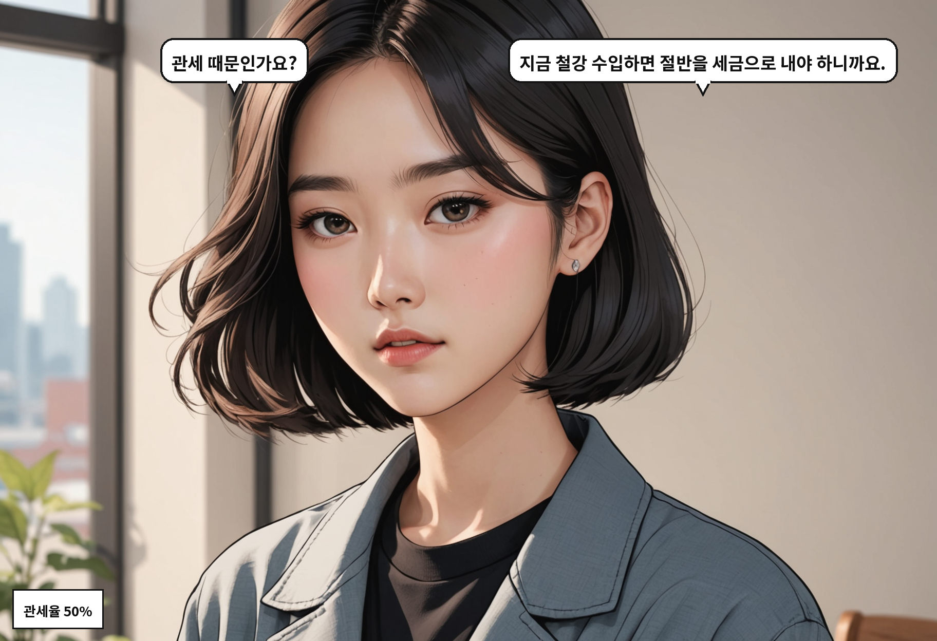 A: 관세 때문인가요? B: 지금 철강 수입하면 절반을 세금으로 내야 하니까요.