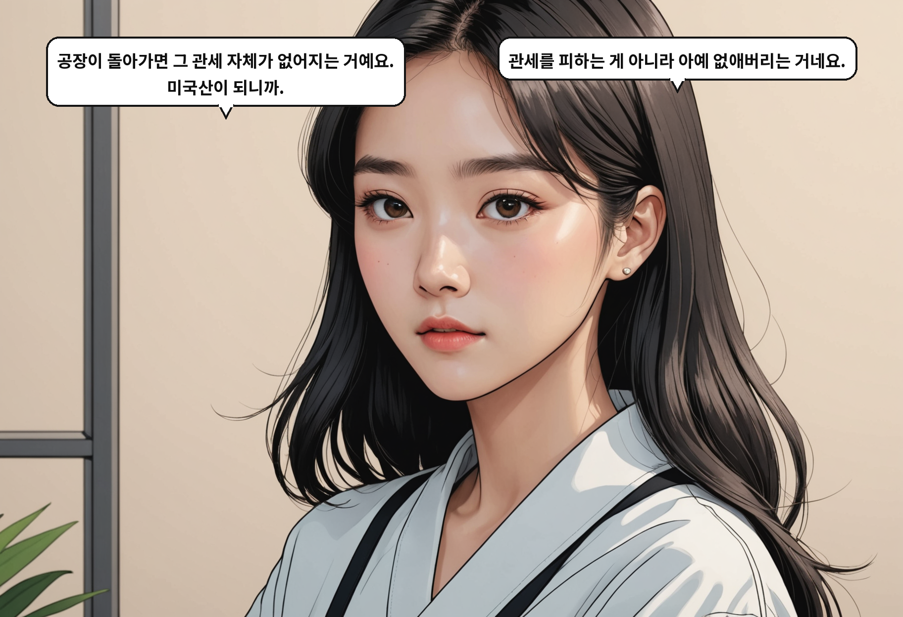 B: 공장이 돌아가면 그 관세 자체가 없어지는 거예요. 미국산이 되니까. A: 관세를 피하는 게 아니라 아예 없애버리는 거네요.