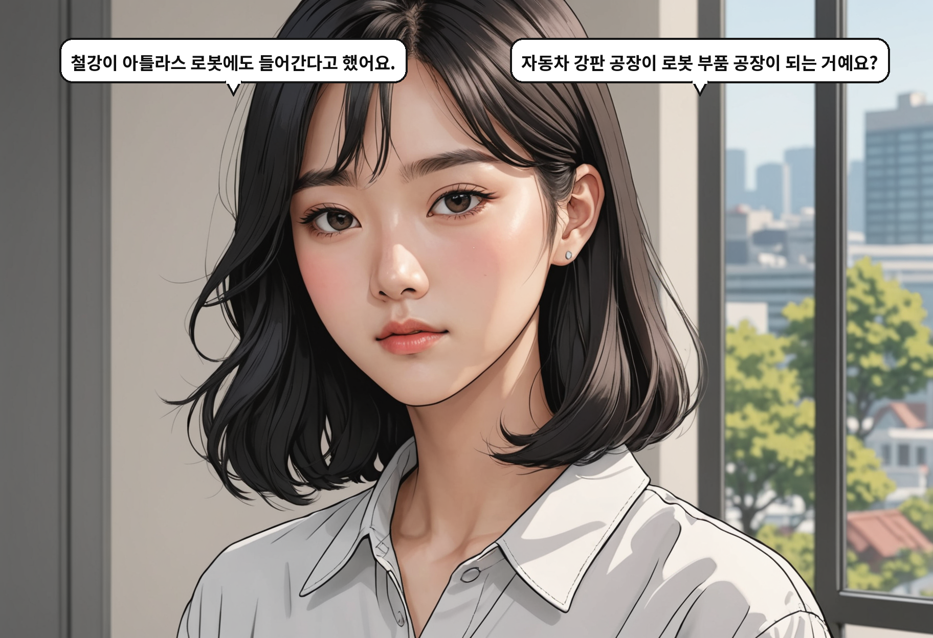 B: 철강이 아틀라스 로봇에도 들어간다고 했어요. A: 자동차 강판 공장이 로봇 부품 공장이 되는 거예요?