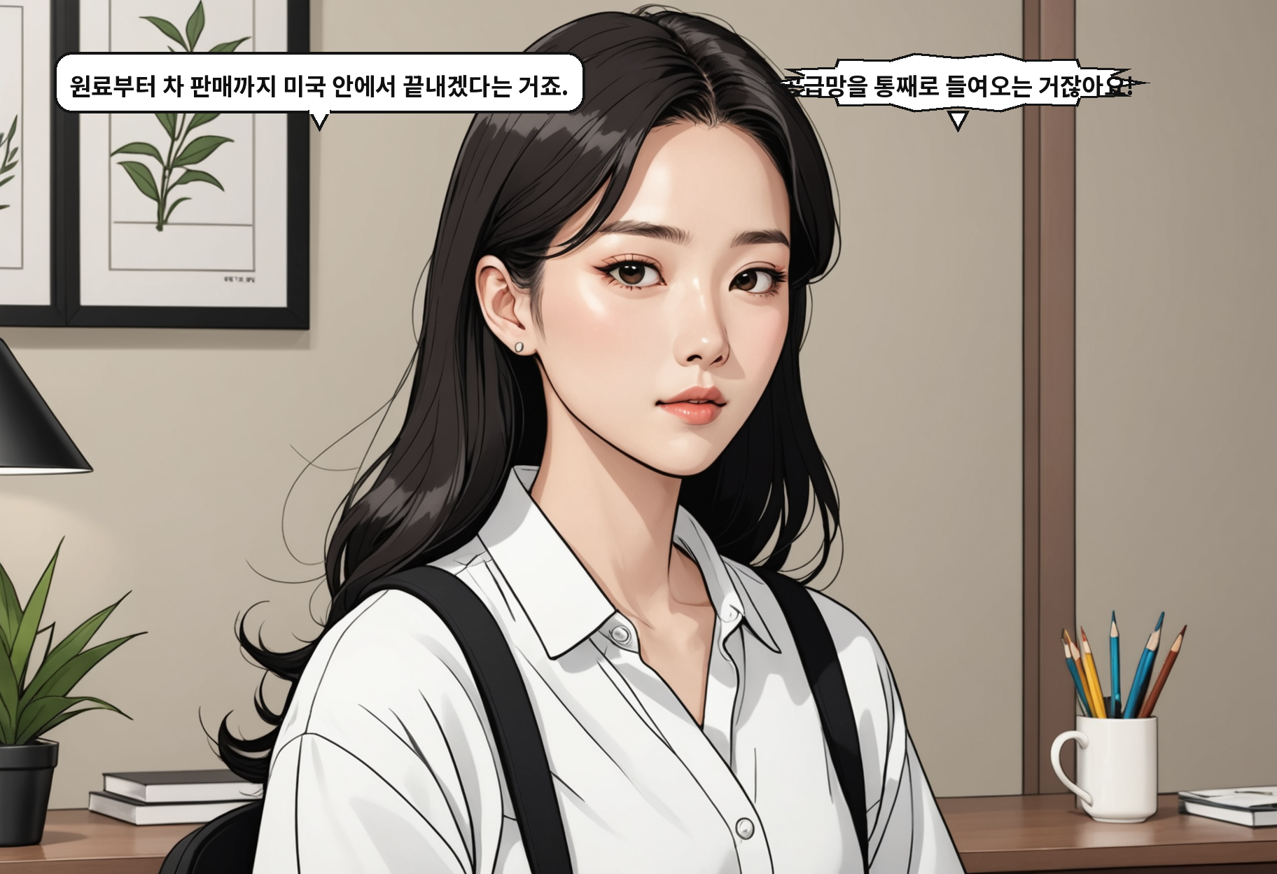 B: 원료부터 차 판매까지 미국 안에서 끝내겠다는 거죠. A: 공급망을 통째로 들여오는 거잖아요!