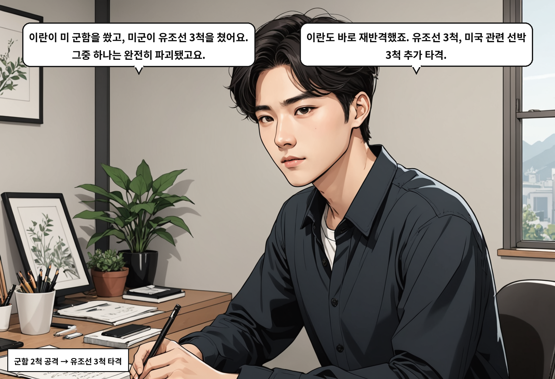 A: 이란이 미 군함을 쐈고, 미군이 유조선 3척을 쳤어요. 그중 하나는 완전히 파괴됐고요. B: 이란도 바로 재반격했죠. 유조선 3척, 미국 관련 선박 3척 추가 타격.