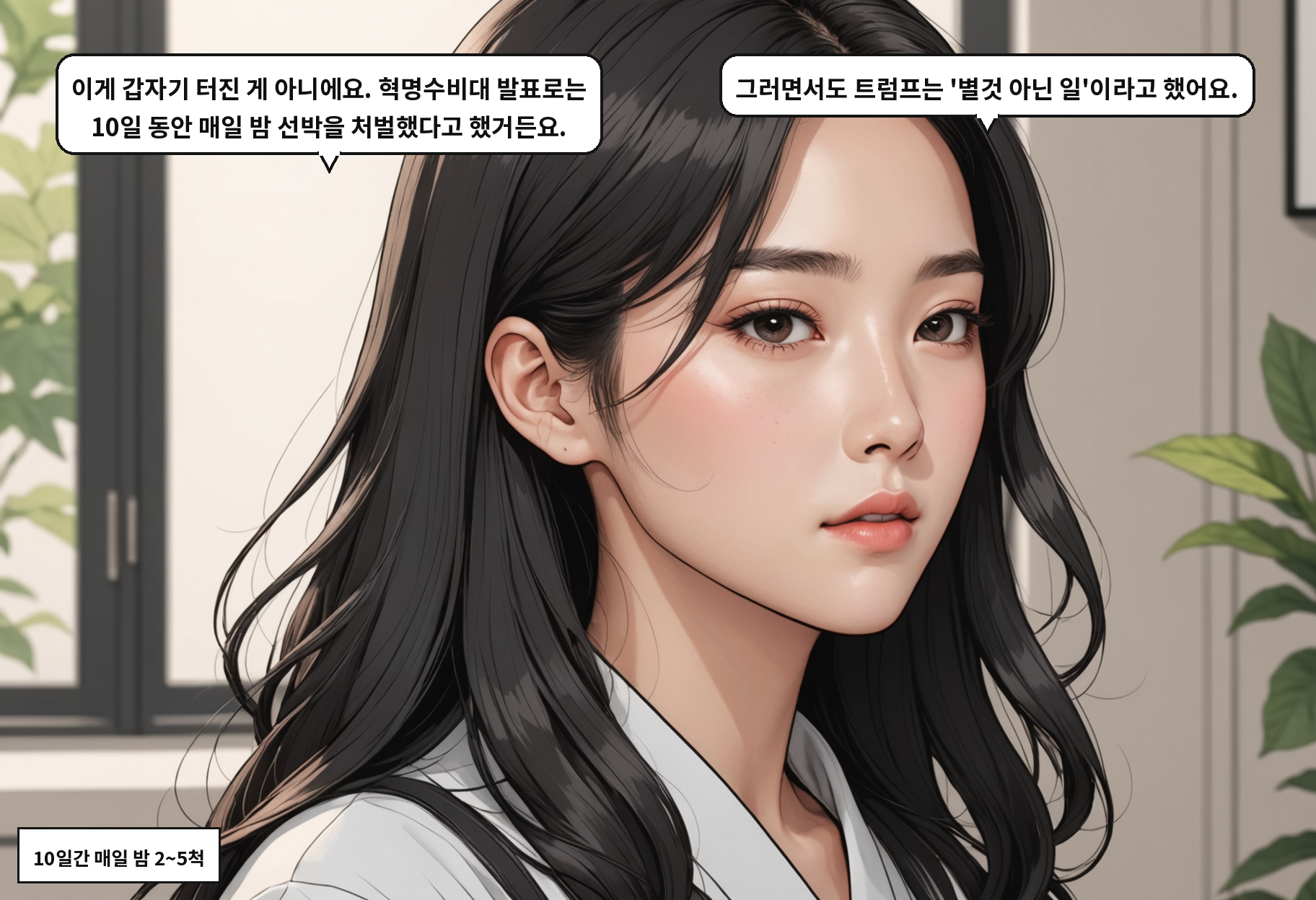A: 이게 갑자기 터진 게 아니에요. 혁명수비대 발표로는 10일 동안 매일 밤 선박을 처벌했다고 했거든요. B: 그러면서도 트럼프는 '별것 아닌 일'이라고 했어요.