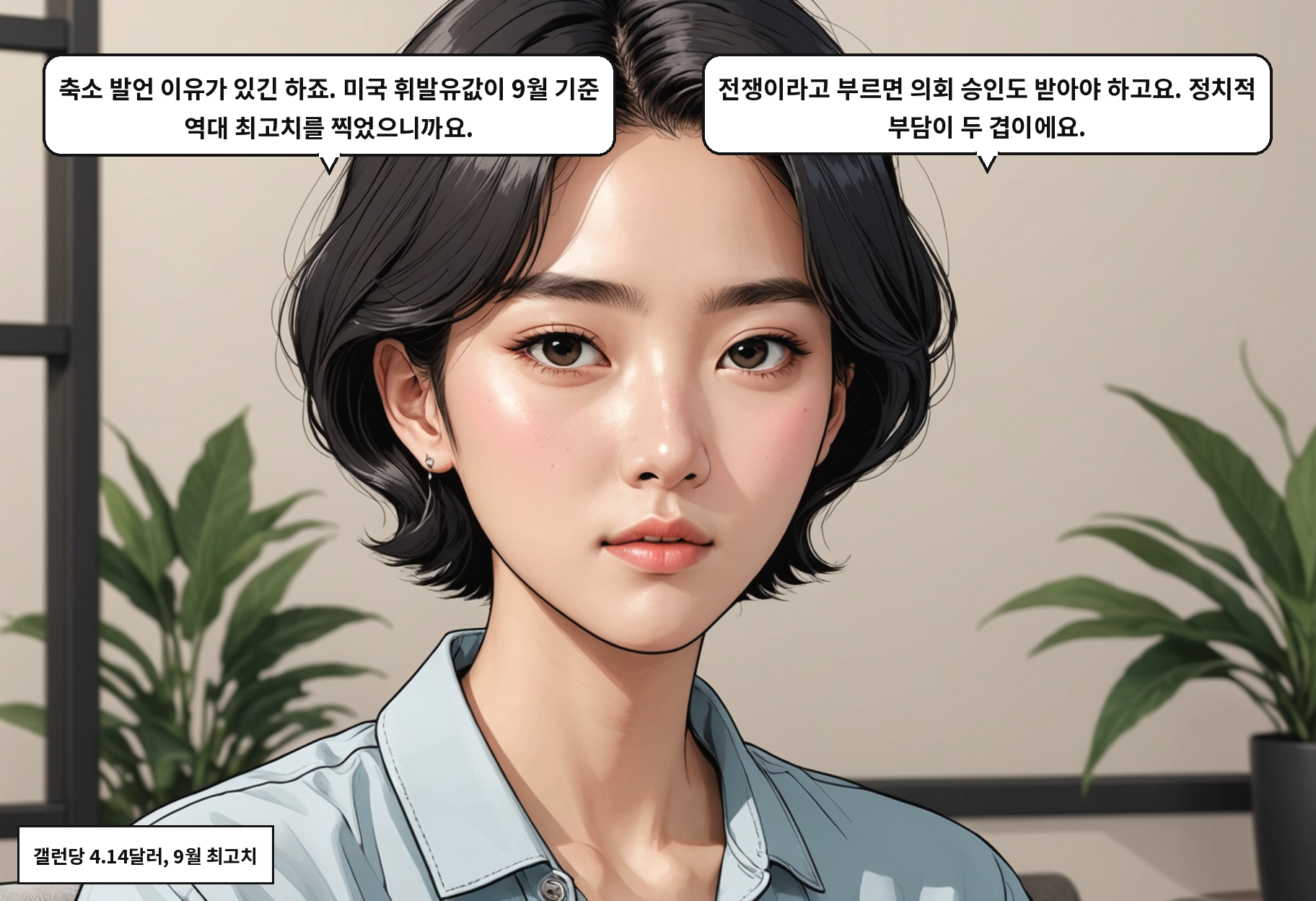 A: 축소 발언 이유가 있긴 하죠. 미국 휘발유값이 9월 기준 역대 최고치를 찍었으니까요. B: 전쟁이라고 부르면 의회 승인도 받아야 하고요. 정치적 부담이 두 겹이에요.