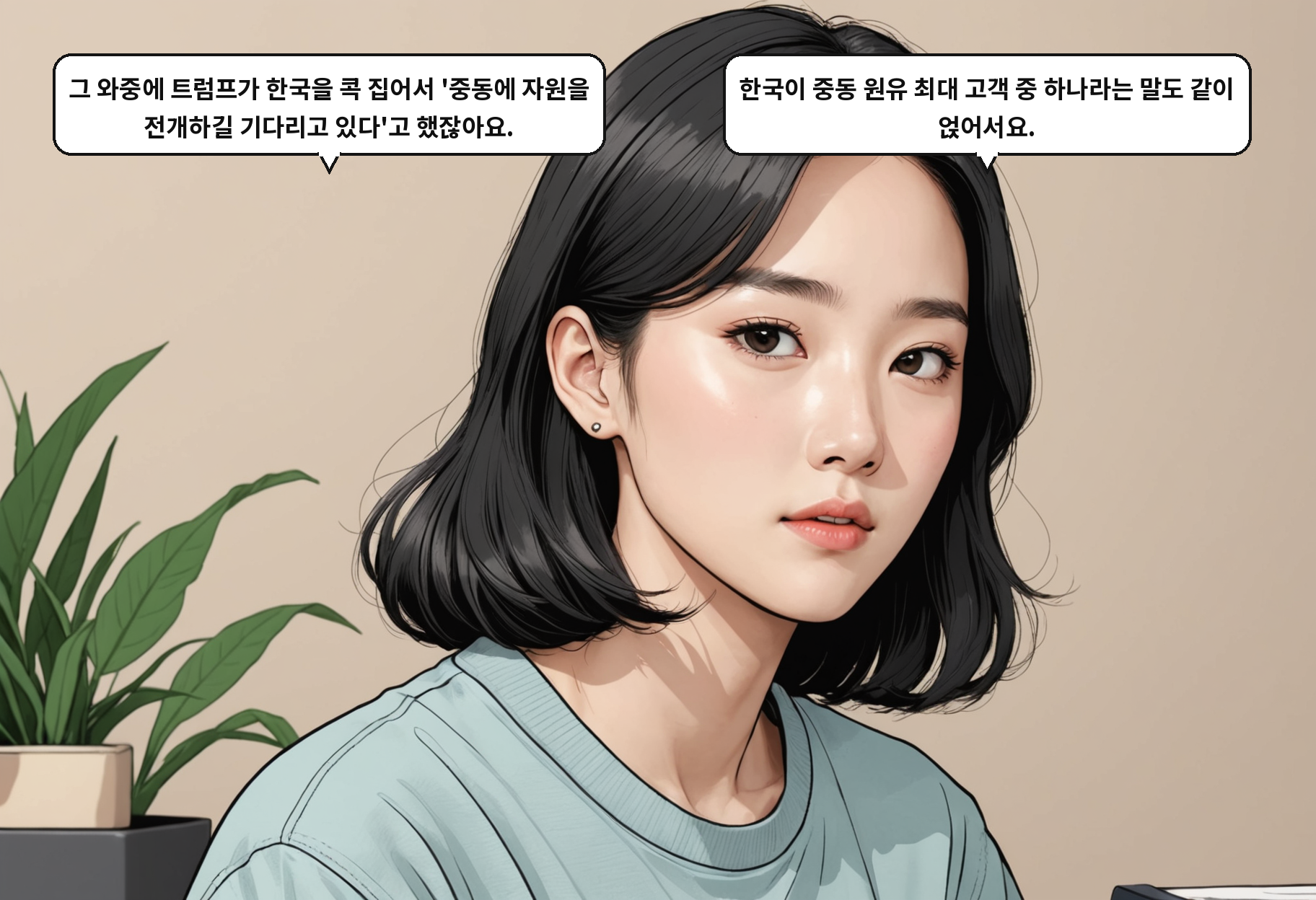 A: 그 와중에 트럼프가 한국을 콕 집어서 '중동에 자원을 전개하길 기다리고 있다'고 했잖아요. B: 한국이 중동 원유 최대 고객 중 하나라는 말도 같이 얹어서요.
