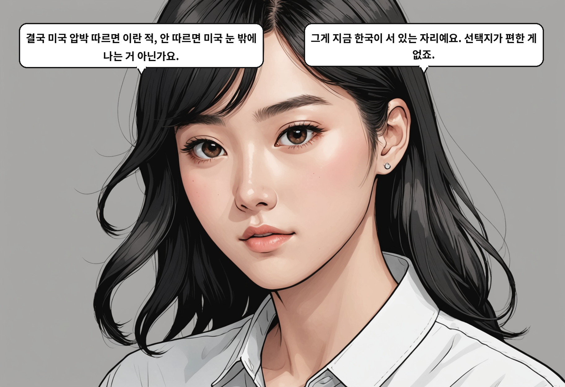 A: 결국 미국 압박 따르면 이란 적, 안 따르면 미국 눈 밖에 나는 거 아닌가요. B: 그게 지금 한국이 서 있는 자리예요. 선택지가 편한 게 없죠.