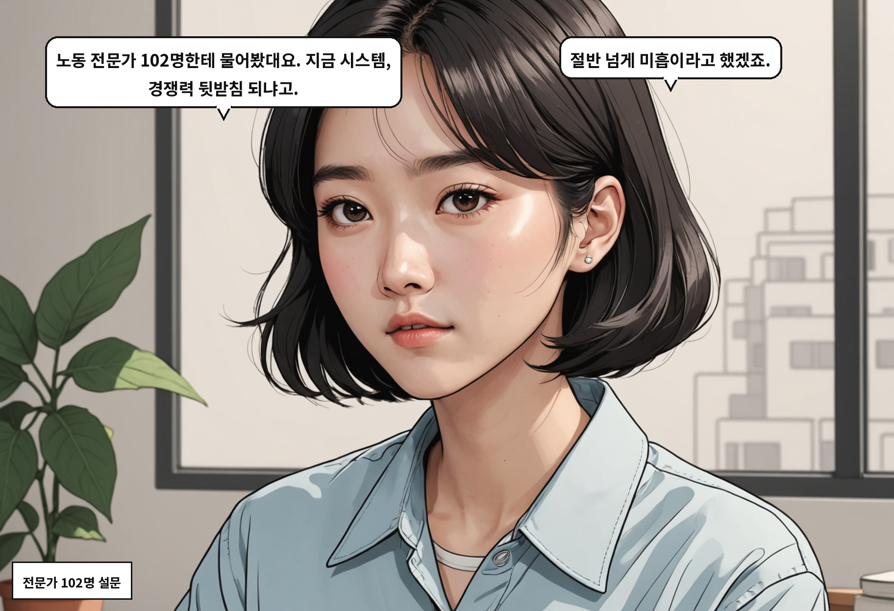 A: 노동 전문가 102명한테 물어봤대요. 지금 시스템, 경쟁력 뒷받침 되냐고. B: 절반 넘게 미흡이라고 했겠죠.