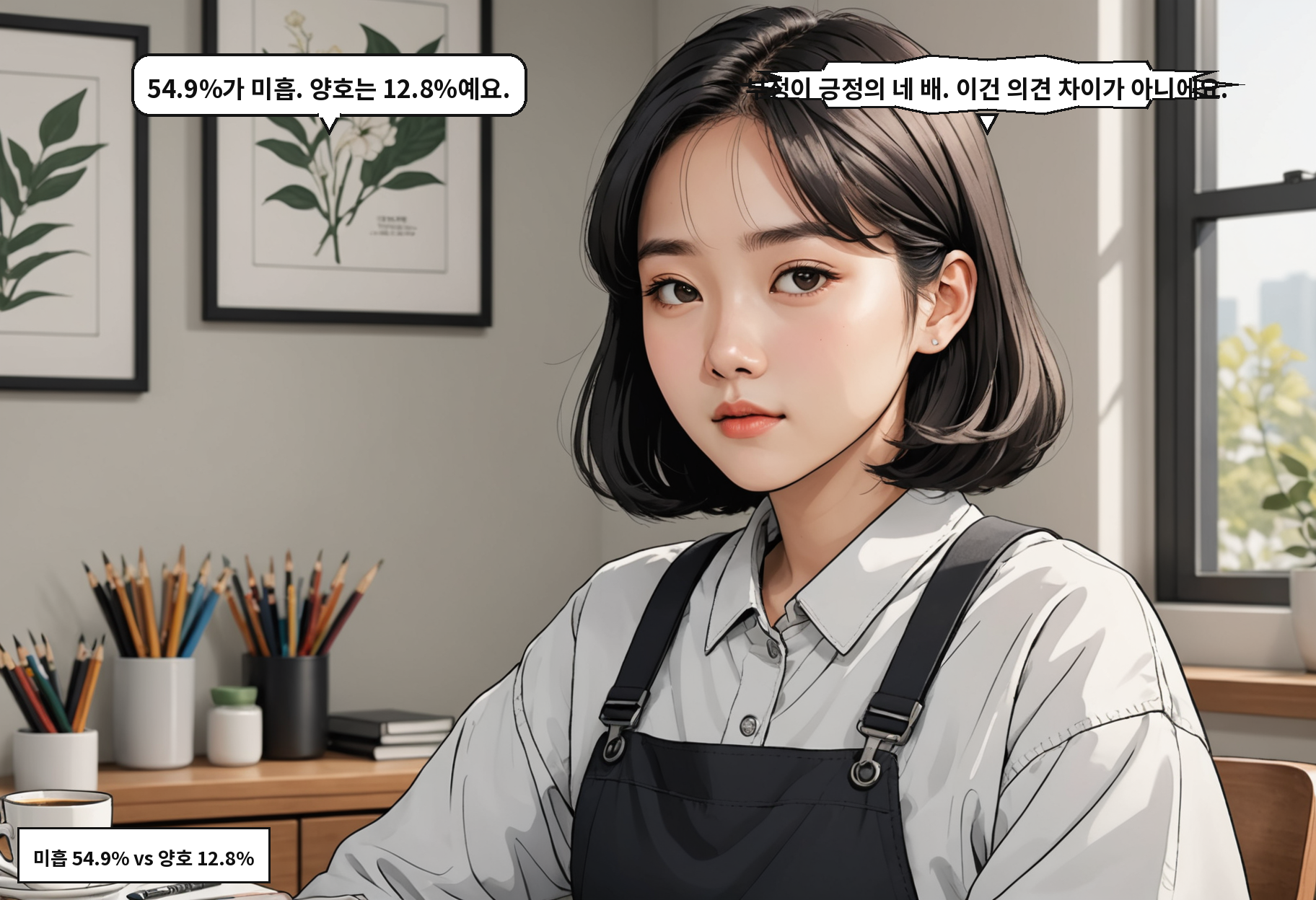 A: 54.9%가 미흡. 양호는 12.8%예요. B: 부정이 긍정의 네 배. 이건 의견 차이가 아니에요.