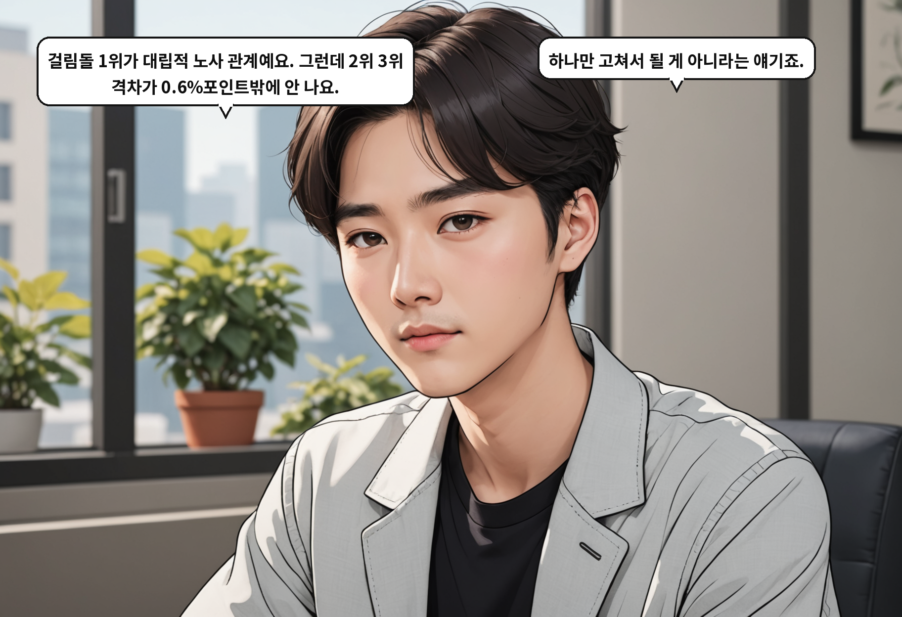 A: 걸림돌 1위가 대립적 노사 관계예요. 그런데 2위 3위 격차가 0.6%포인트밖에 안 나요. B: 하나만 고쳐서 될 게 아니라는 얘기죠.