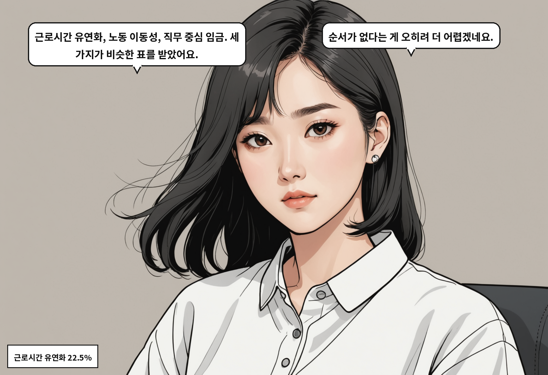 B: 근로시간 유연화, 노동 이동성, 직무 중심 임금. 세 가지가 비슷한 표를 받았어요. A: 순서가 없다는 게 오히려 더 어렵겠네요.