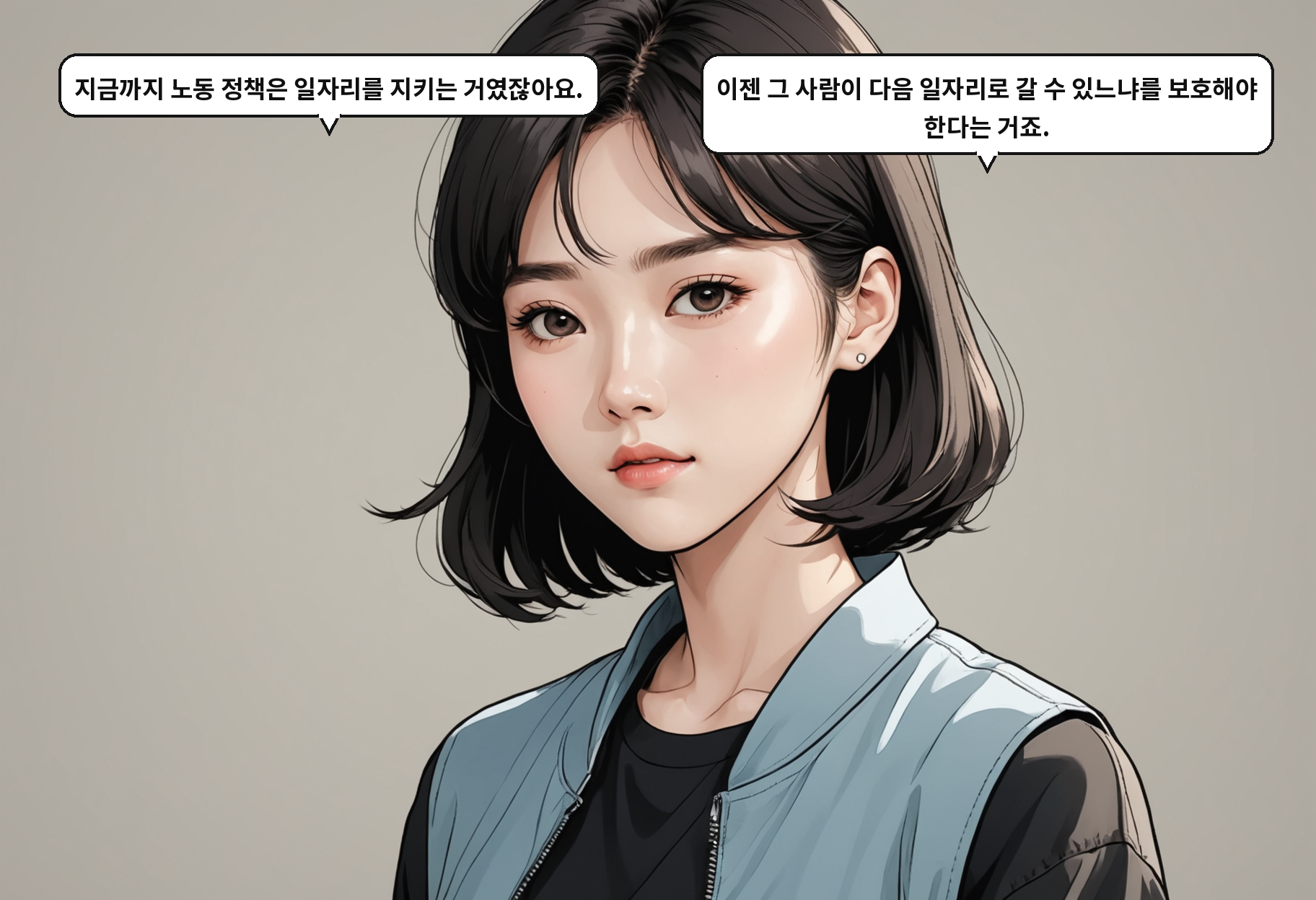 B: 지금까지 노동 정책은 일자리를 지키는 거였잖아요. A: 이젠 그 사람이 다음 일자리로 갈 수 있느냐를 보호해야 한다는 거죠.