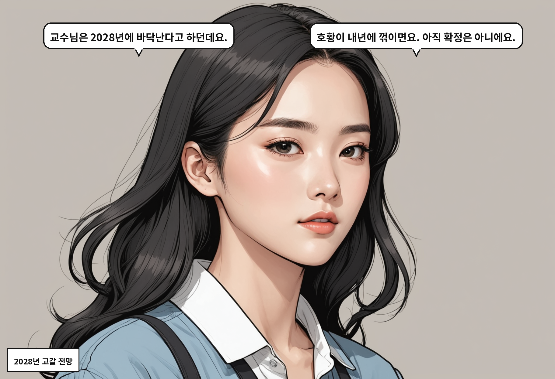 A: 교수님은 2028년에 바닥난다고 하던데요. B: 호황이 내년에 꺾이면요. 아직 확정은 아니에요.