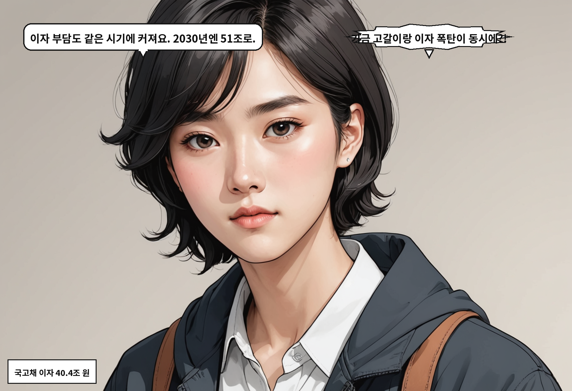 B: 이자 부담도 같은 시기에 커져요. 2030년엔 51조로. A: 기금 고갈이랑 이자 폭탄이 동시에?!