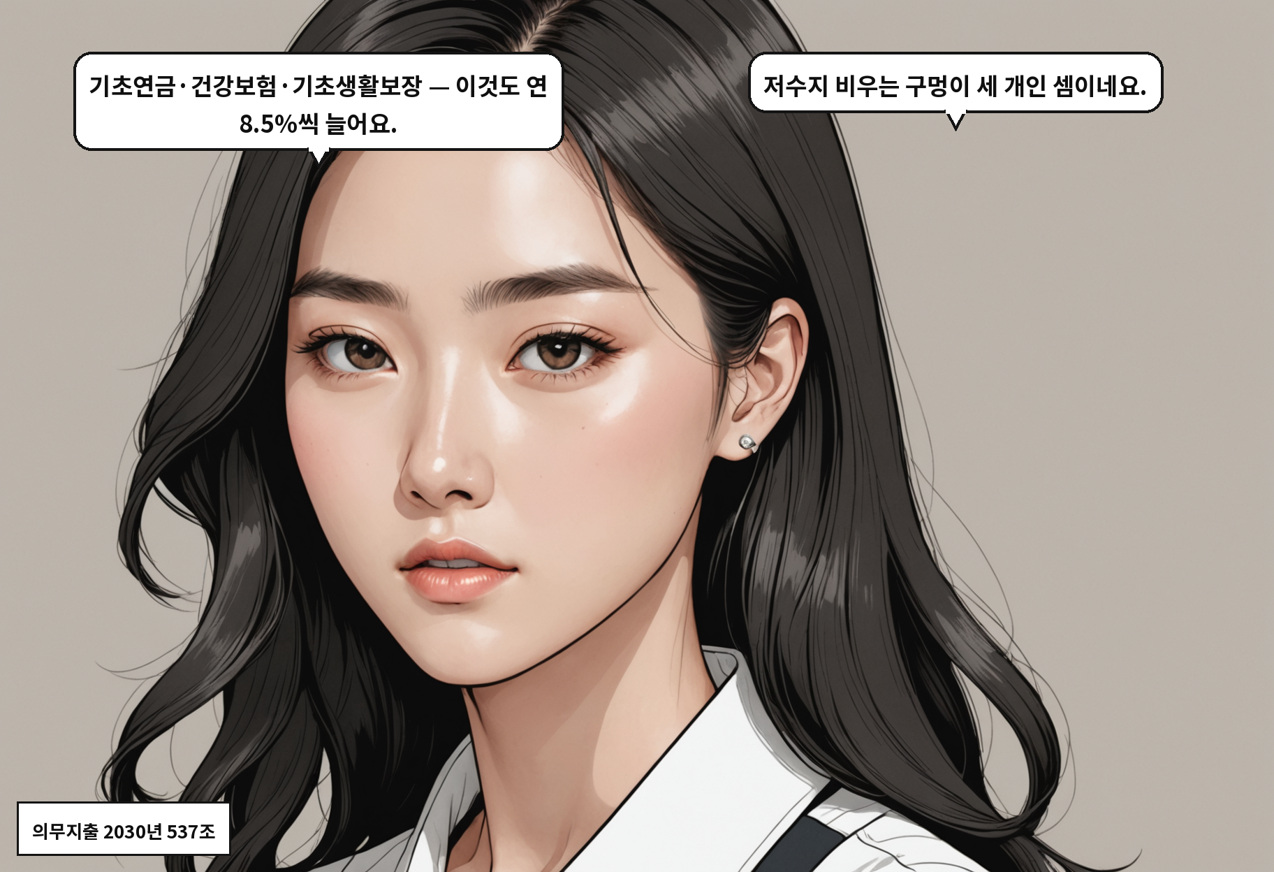 B: 기초연금·건강보험·기초생활보장 — 이것도 연 8.5%씩 늘어요. A: 저수지 비우는 구멍이 세 개인 셈이네요.