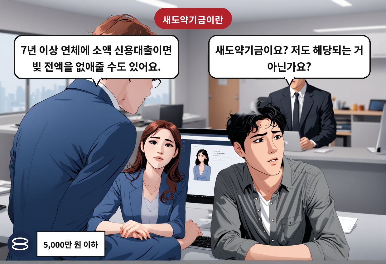 A: 새도약기금이요? 저도 해당되는 거 아닌가요? B: 7년 이상 연체에 소액 신용대출이면 빚 전액을 없애줄 수도 있어요.