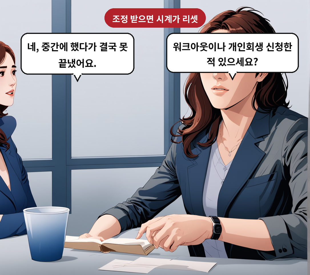 B: 워크아웃이나 개인회생 신청한 적 있으세요? A: 네, 중간에 했다가 결국 못 끝냈어요.