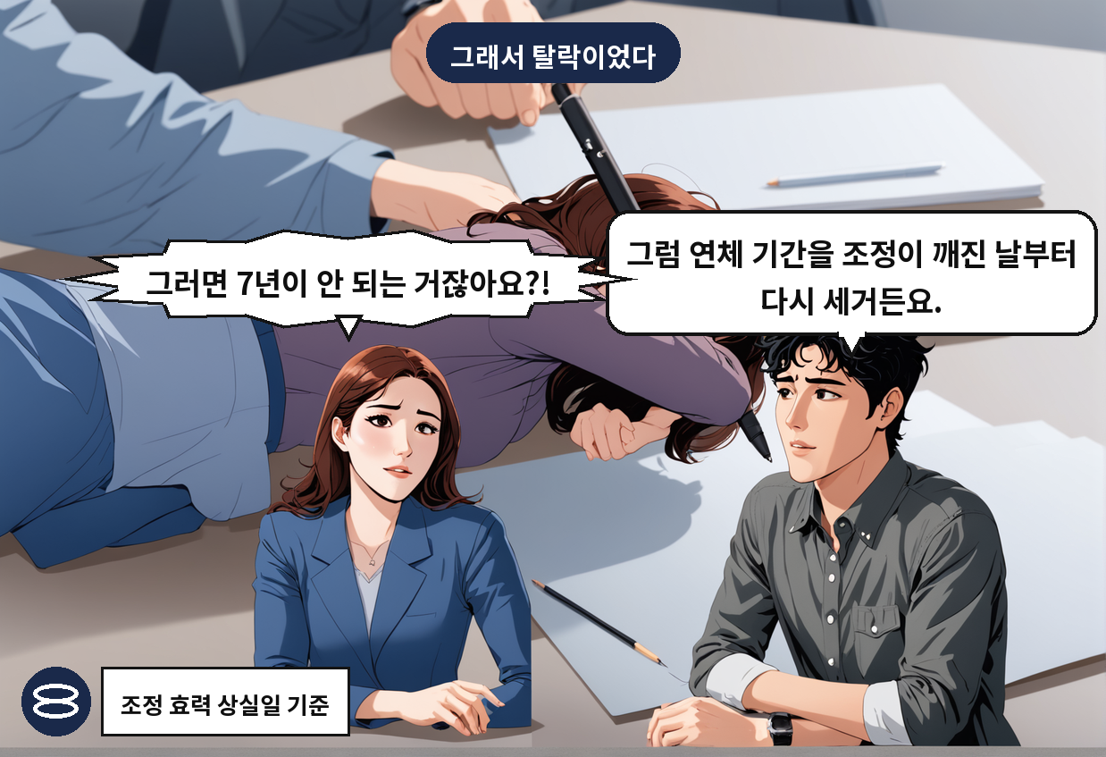 B: 그럼 연체 기간을 조정이 깨진 날부터 다시 세거든요. A: 그러면 7년이 안 되는 거잖아요?!