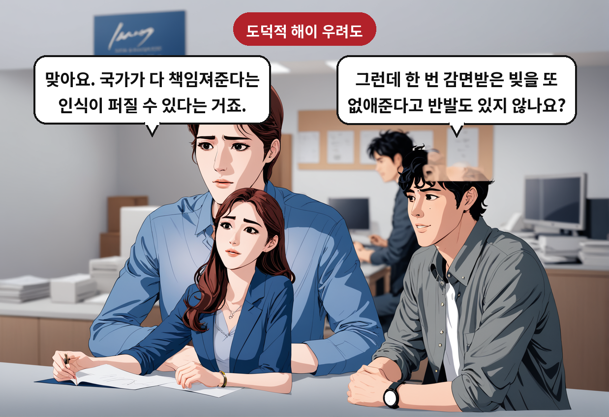 A: 그런데 한 번 감면받은 빚을 또 없애준다고 반발도 있지 않나요? B: 맞아요. 국가가 다 책임져준다는 인식이 퍼질 수 있다는 거죠.