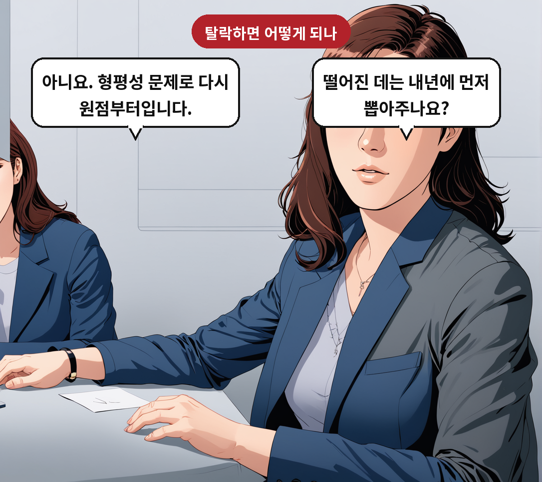 A: 떨어진 데는 내년에 먼저 뽑아주나요? B: 아니요. 형평성 문제로 다시 원점부터입니다.