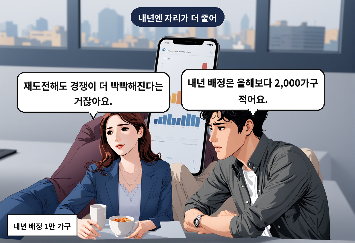 B: 내년 배정은 올해보다 2,000가구 적어요. A: 재도전해도 경쟁이 더 빡빡해진다는 거잖아요.
