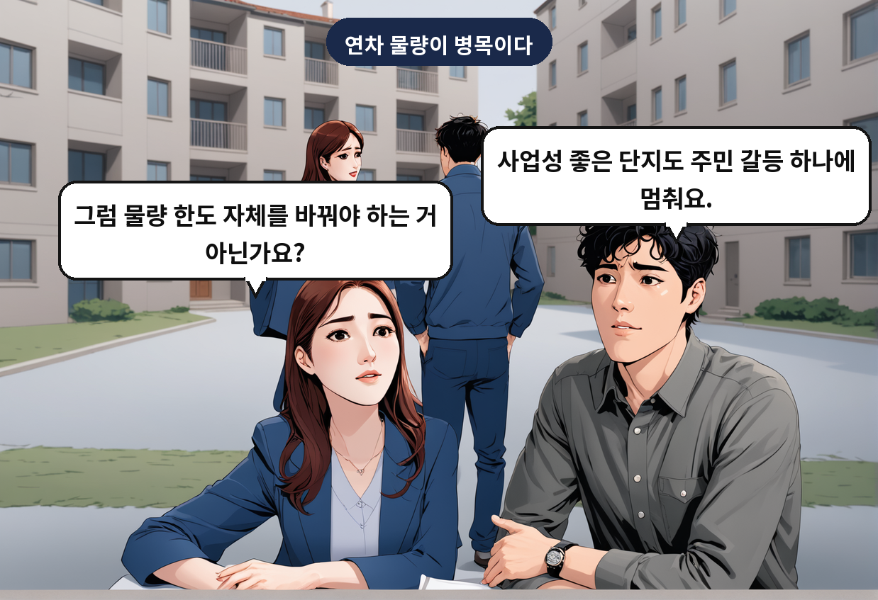 B: 사업성 좋은 단지도 주민 갈등 하나에 멈춰요. A: 그럼 물량 한도 자체를 바꿔야 하는 거 아닌가요?