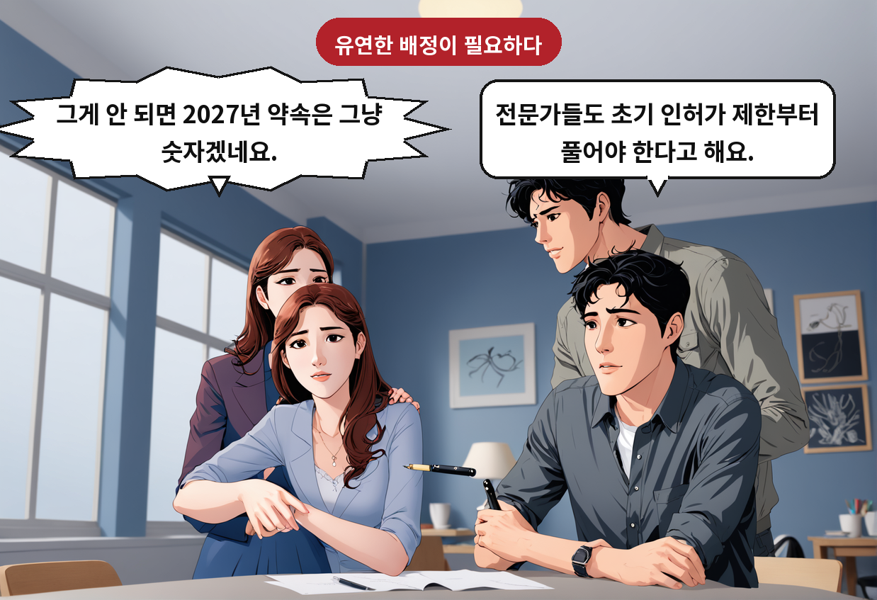 B: 전문가들도 초기 인허가 제한부터 풀어야 한다고 해요. A: 그게 안 되면 2027년 약속은 그냥 숫자겠네요.