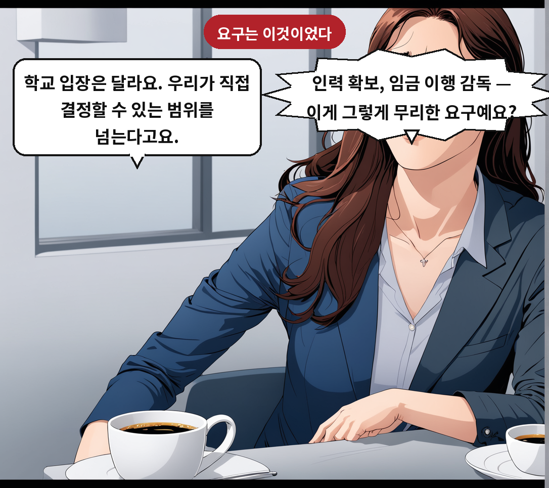 A: 인력 확보, 임금 이행 감독 — 이게 그렇게 무리한 요구예요? B: 학교 입장은 달라요. 우리가 직접 결정할 수 있는 범위를 넘는다고요.