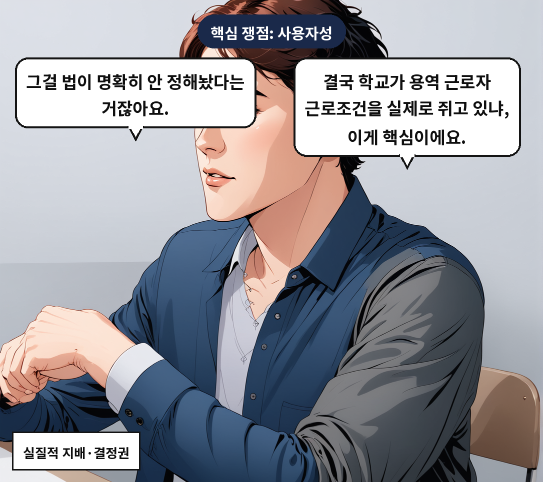 B: 결국 학교가 용역 근로자 근로조건을 실제로 쥐고 있냐, 이게 핵심이에요. A: 그걸 법이 명확히 안 정해놨다는 거잖아요.