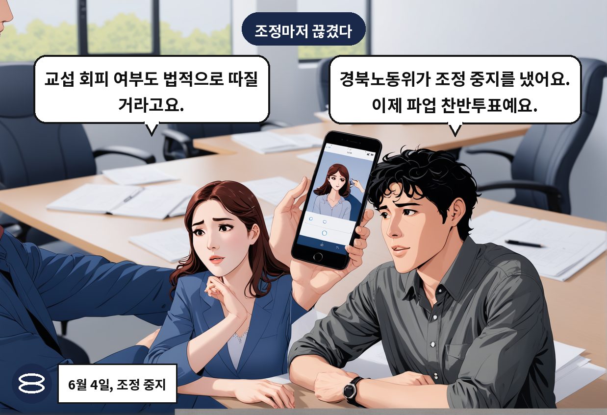 A: 경북노동위가 조정 중지를 냈어요. 이제 파업 찬반투표예요. B: 교섭 회피 여부도 법적으로 따질 거라고요.