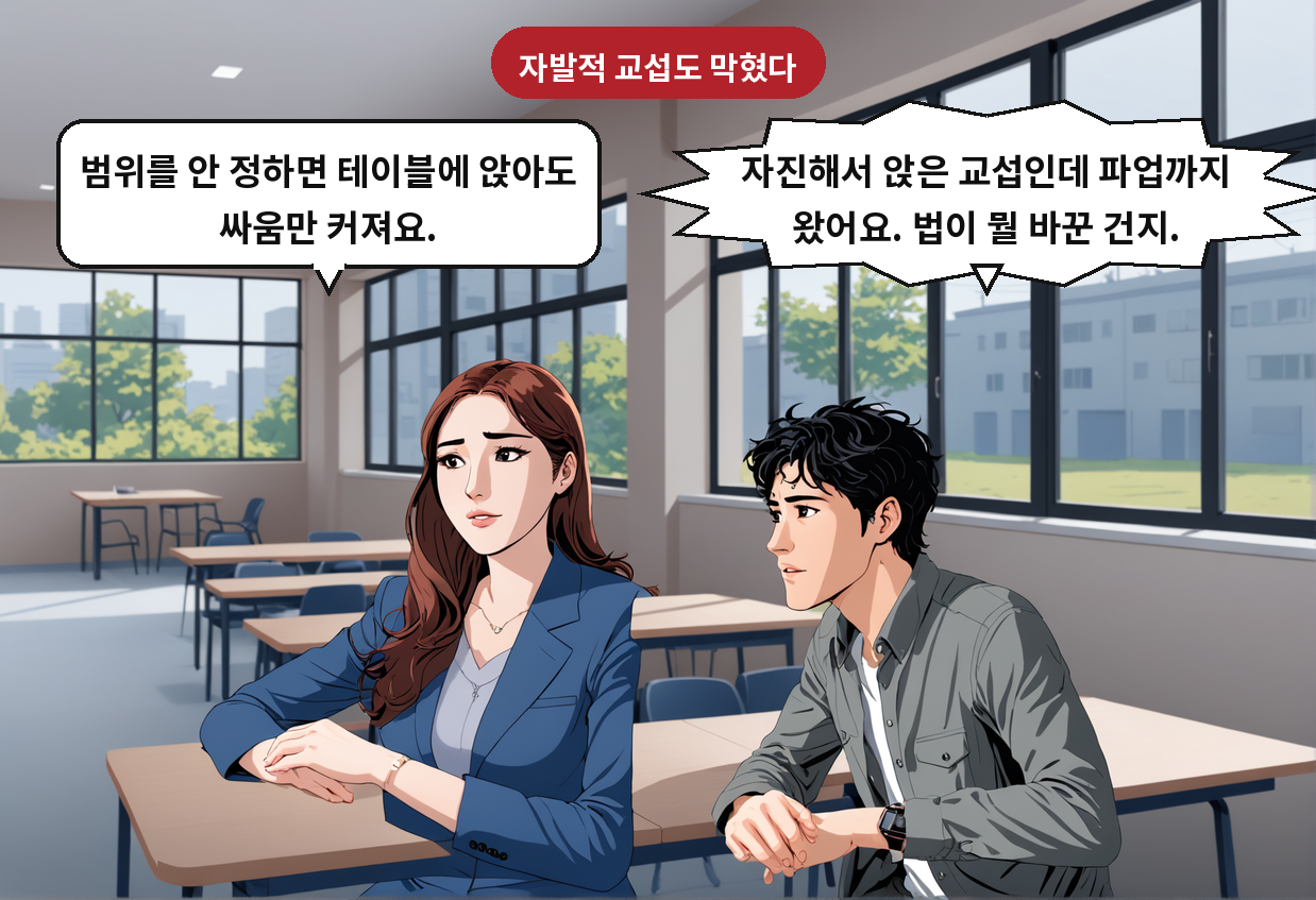 A: 자진해서 앉은 교섭인데 파업까지 왔어요. 법이 뭘 바꾼 건지. B: 범위를 안 정하면 테이블에 앉아도 싸움만 커져요.