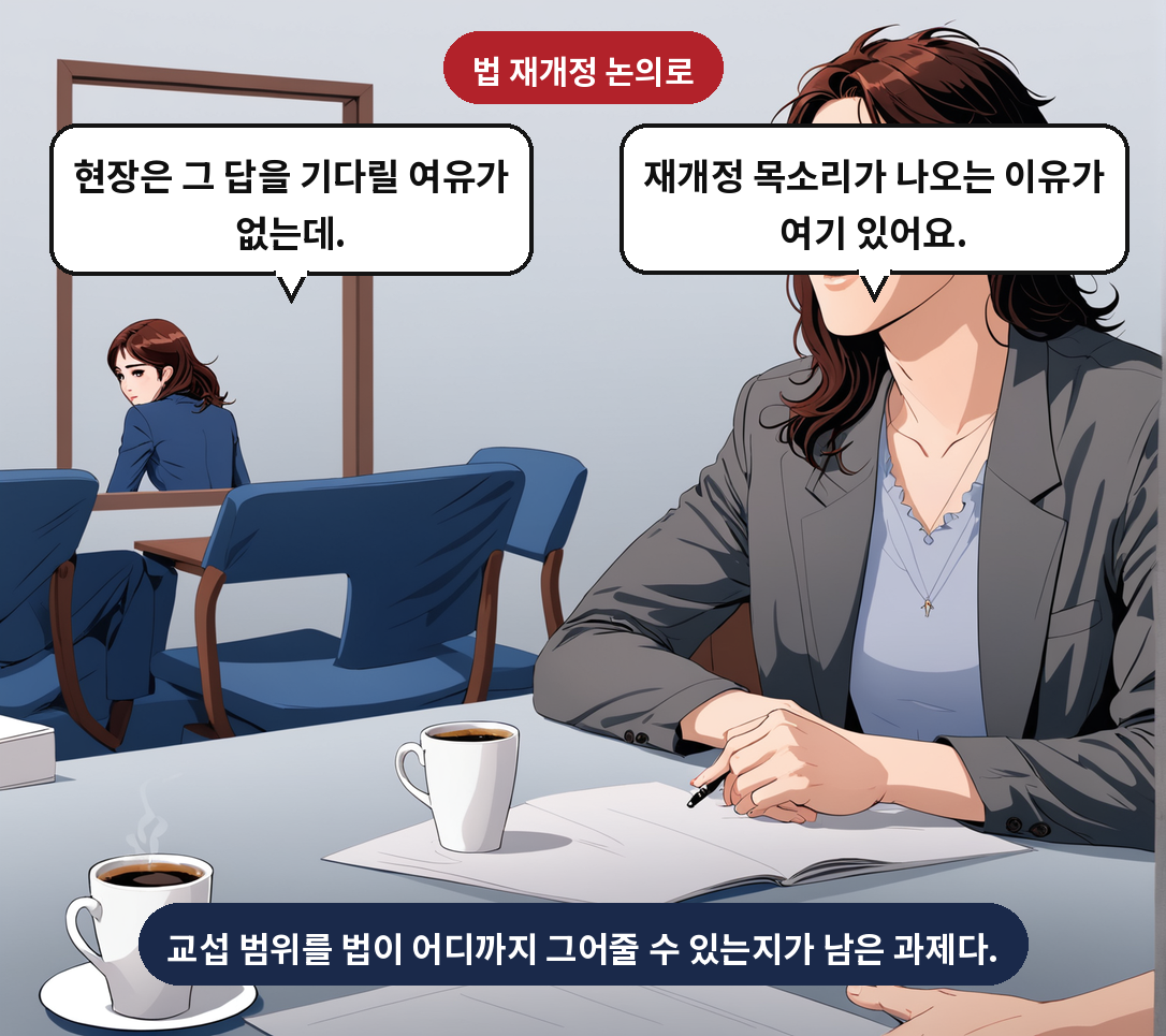 B: 재개정 목소리가 나오는 이유가 여기 있어요. A: 현장은 그 답을 기다릴 여유가 없는데.