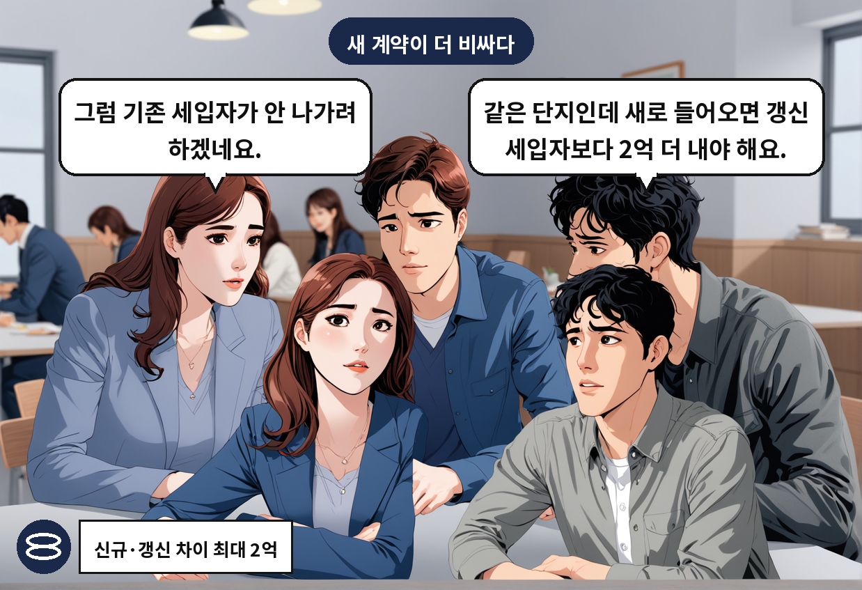 B: 같은 단지인데 새로 들어오면 갱신 세입자보다 2억 더 내야 해요. A: 그럼 기존 세입자가 안 나가려 하겠네요.