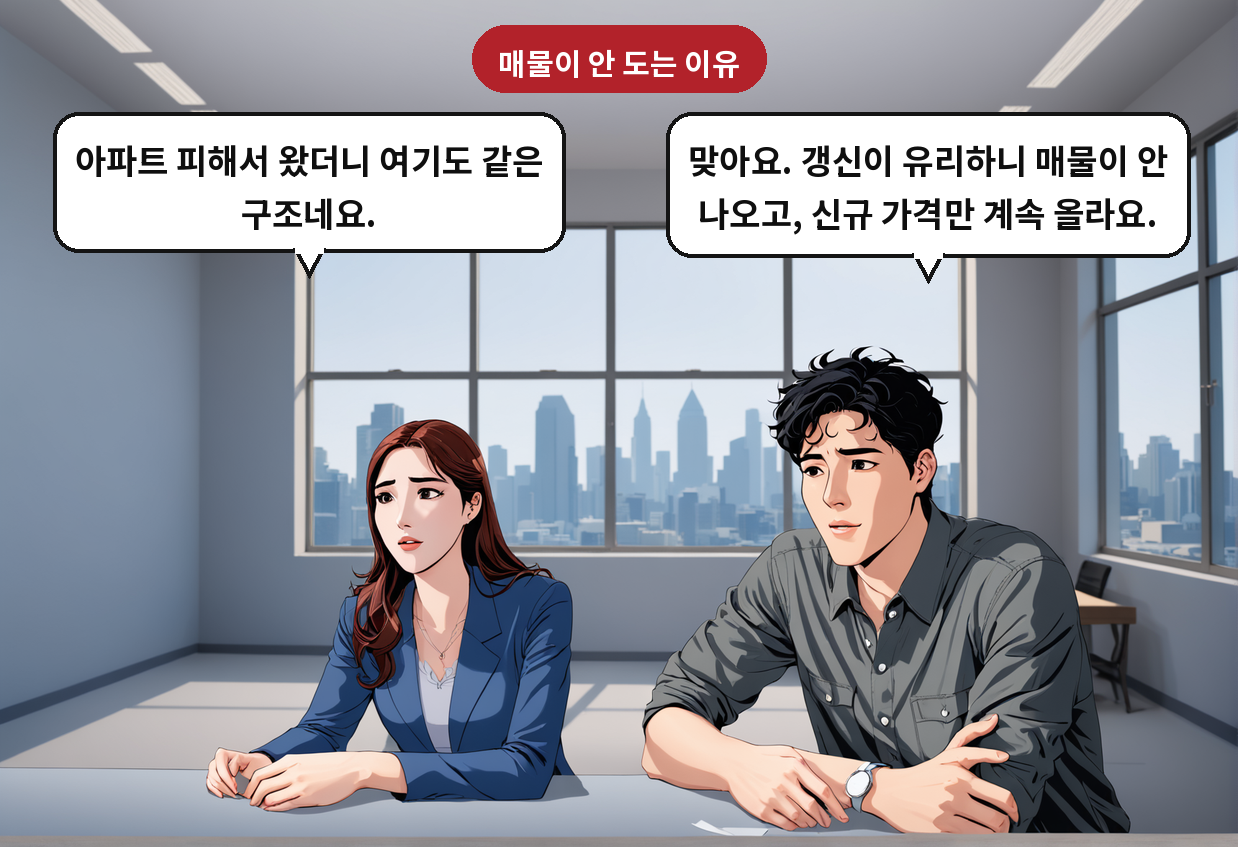 B: 맞아요. 갱신이 유리하니 매물이 안 나오고, 신규 가격만 계속 올라요. A: 아파트 피해서 왔더니 여기도 같은 구조네요.