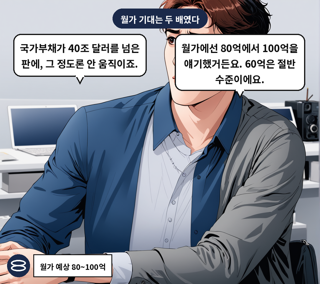 A: 월가에선 80억에서 100억을 얘기했거든요. 60억은 절반 수준이에요. B: 국가부채가 40조 달러를 넘은 판에, 그 정도론 안 움직이죠.