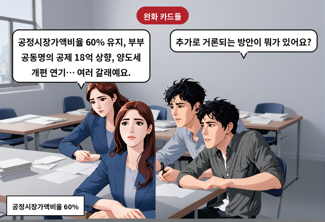A: 추가로 거론되는 방안이 뭐가 있어요? B: 공정시장가액비율 60% 유지, 부부 공동명의 공제 18억 상향, 양도세 개편 연기… 여러 갈래예요.