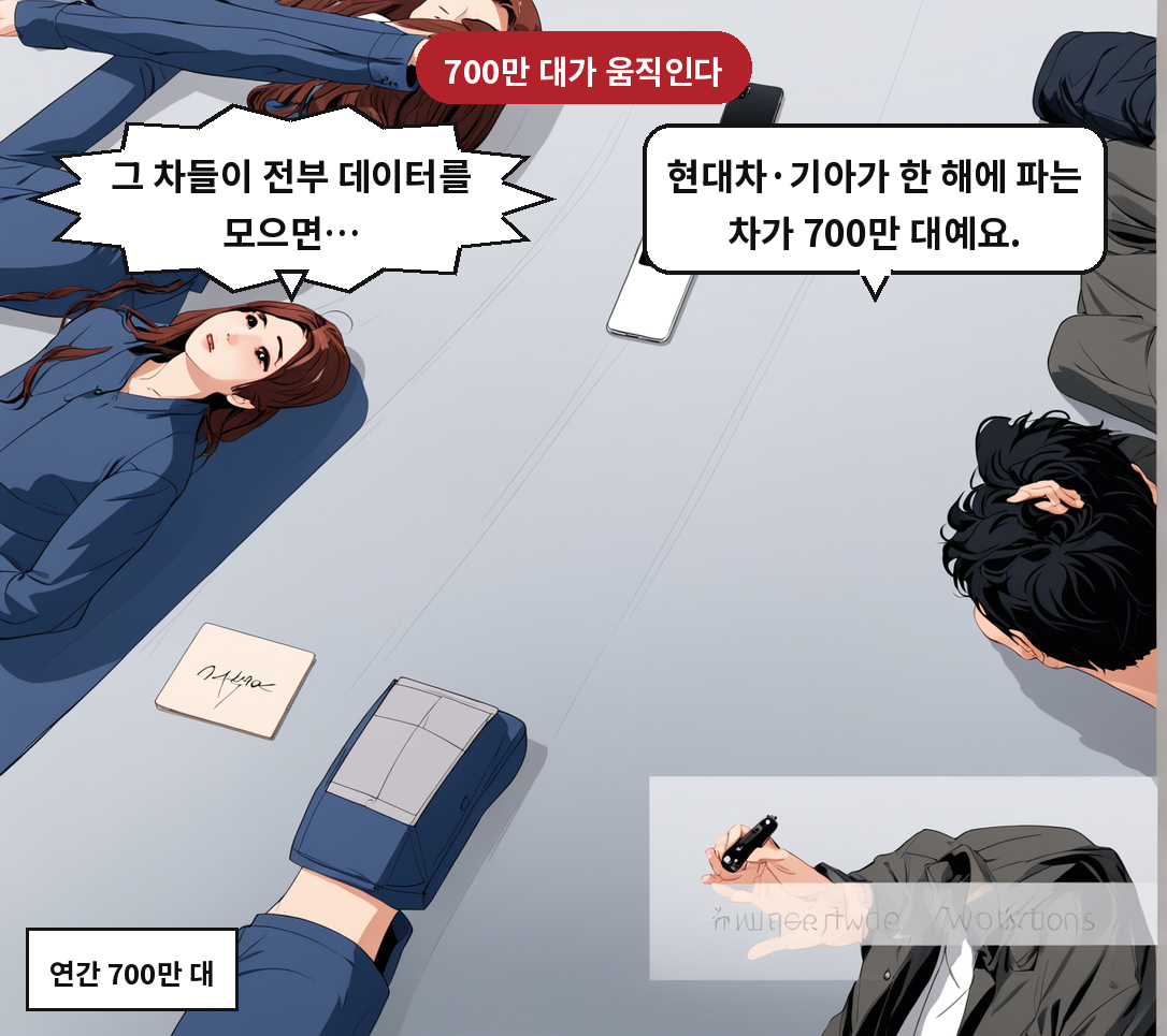 B: 현대차·기아가 한 해에 파는 차가 700만 대예요. A: 그 차들이 전부 데이터를 모으면…