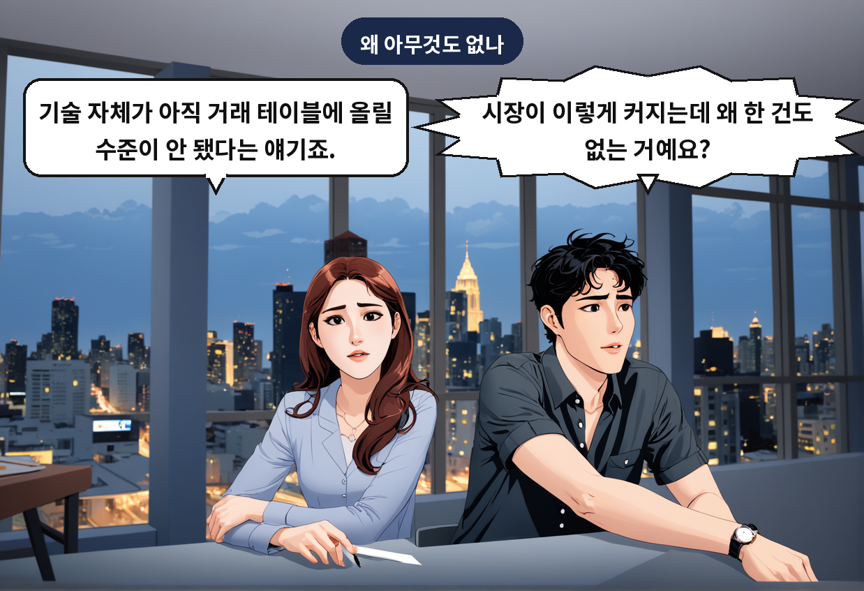 A: 시장이 이렇게 커지는데 왜 한 건도 없는 거예요? B: 기술 자체가 아직 거래 테이블에 올릴 수준이 안 됐다는 얘기죠.