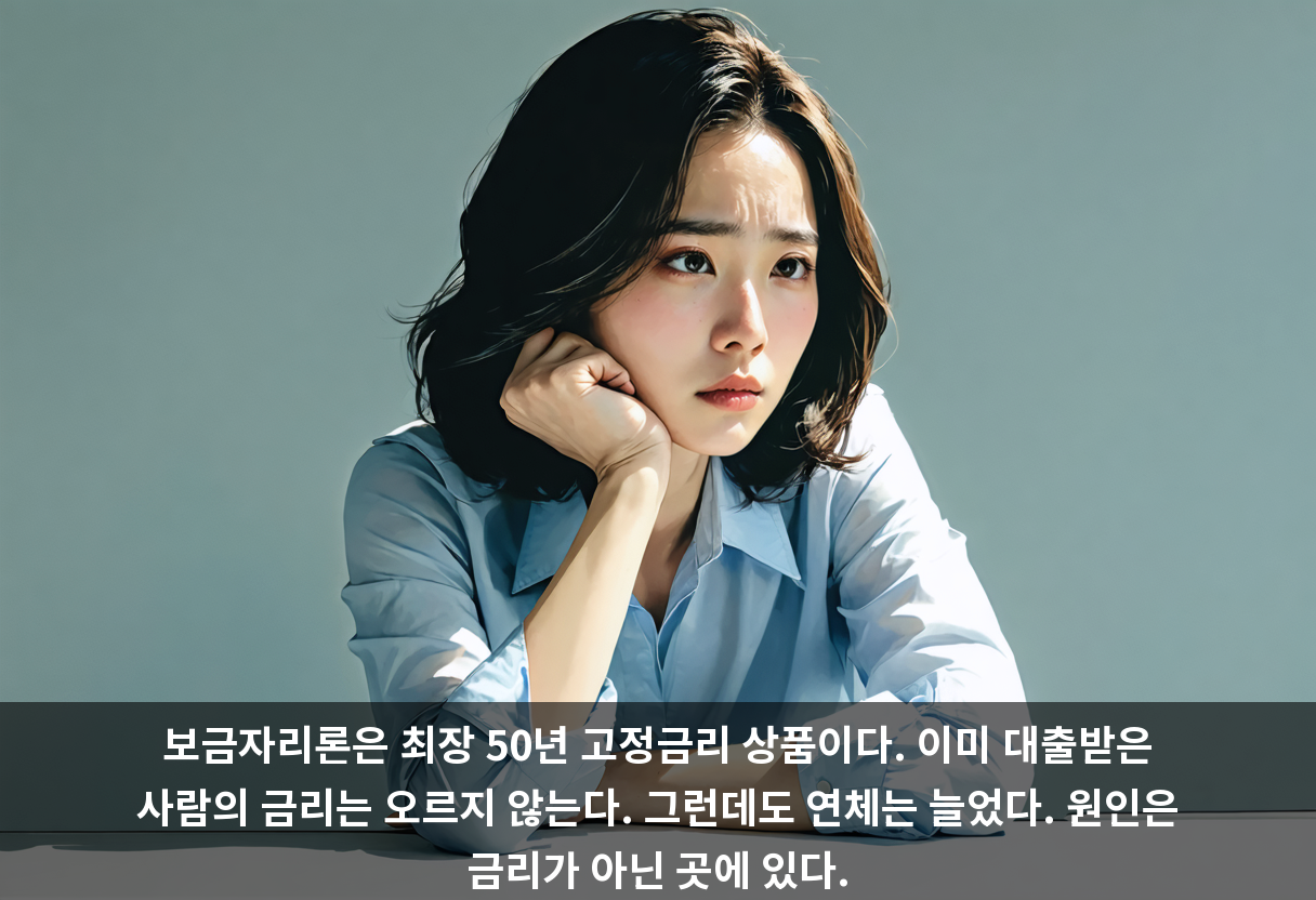 보금자리론은 최장 50년 고정금리 상품이다. 이미 대출받은 사람의 금리는 오르지 않는다. 그런데도 연체는 늘었다. 원인은 금리가 아닌 곳에 있다.