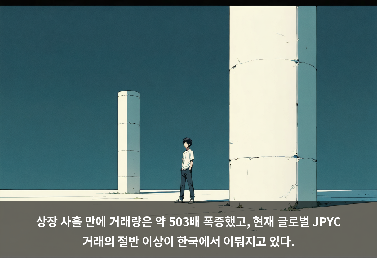 상장 사흘 만에 거래량은 약 503배 폭증했고, 현재 글로벌 JPYC 거래의 절반 이상이 한국에서 이뤄지고 있다.