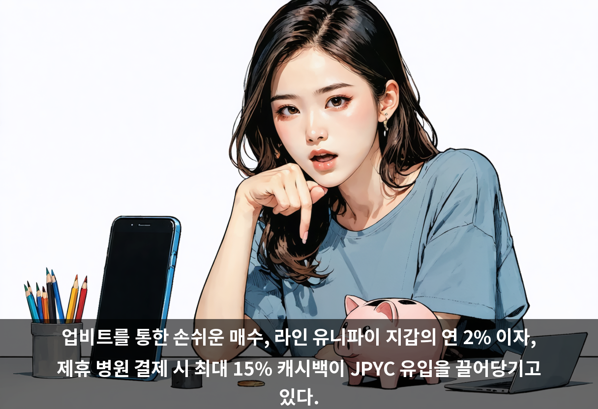 업비트를 통한 손쉬운 매수, 라인 유니파이 지갑의 연 2% 이자, 제휴 병원 결제 시 최대 15% 캐시백이 JPYC 유입을 끌어당기고 있다.