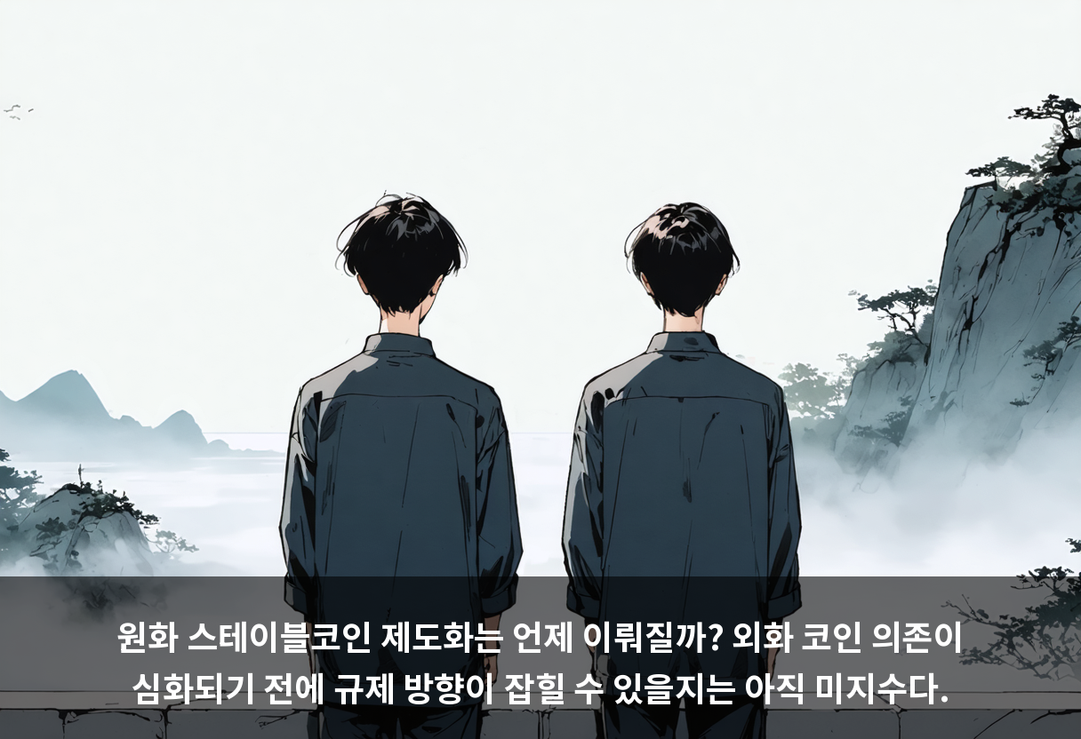 원화 스테이블코인 제도화는 언제 이뤄질까? 외화 코인 의존이 심화되기 전에 규제 방향이 잡힐 수 있을지는 아직 미지수다.