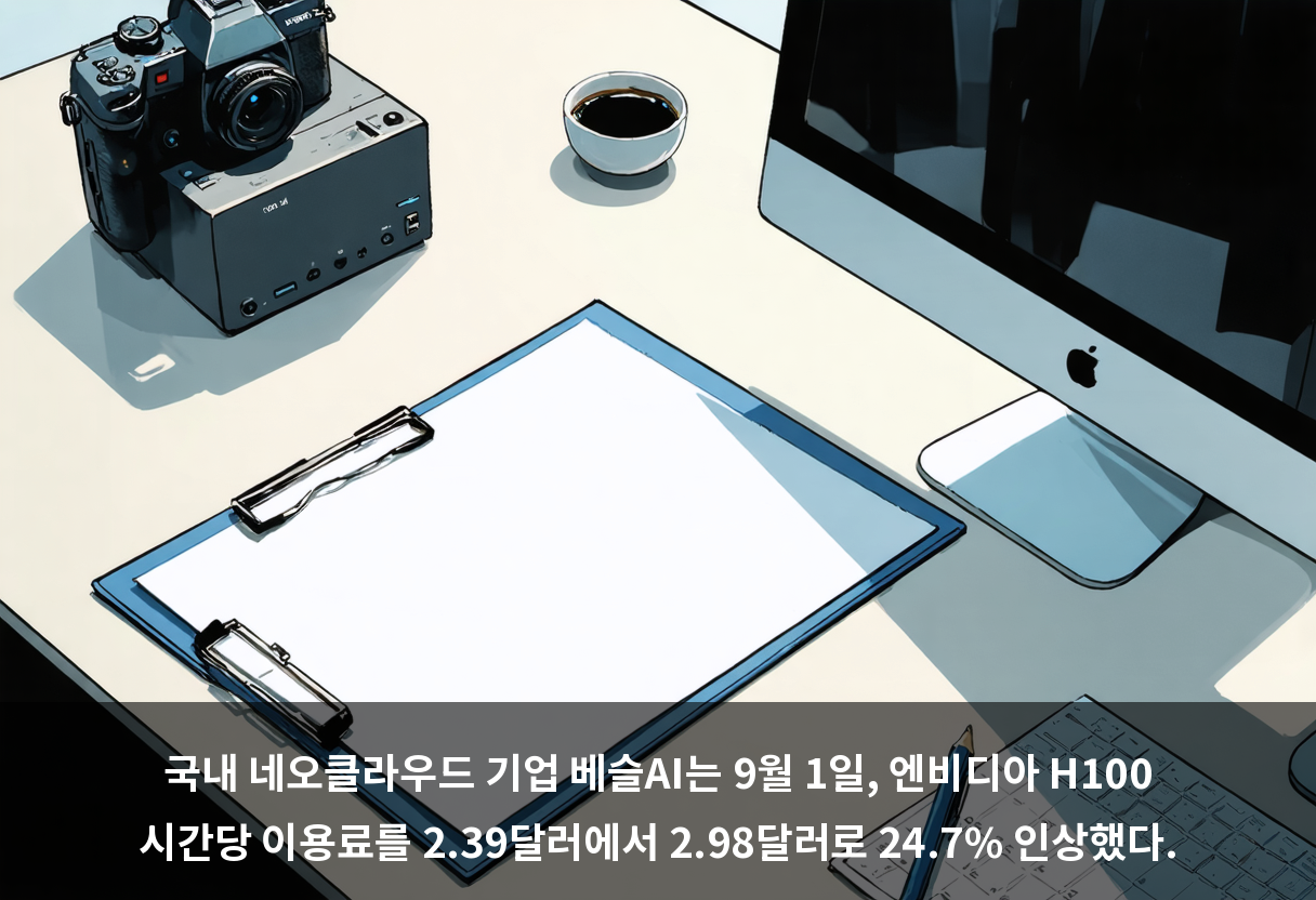국내 네오클라우드 기업 베슬AI는 9월 1일, 엔비디아 H100 시간당 이용료를 2.39달러에서 2.98달러로 24.7% 인상했다.