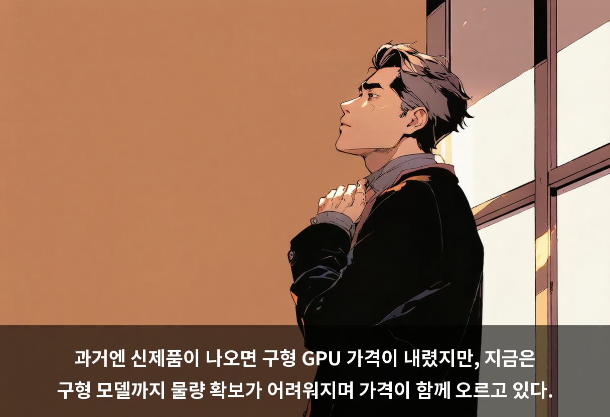 과거엔 신제품이 나오면 구형 GPU 가격이 내렸지만, 지금은 구형 모델까지 물량 확보가 어려워지며 가격이 함께 오르고 있다.
