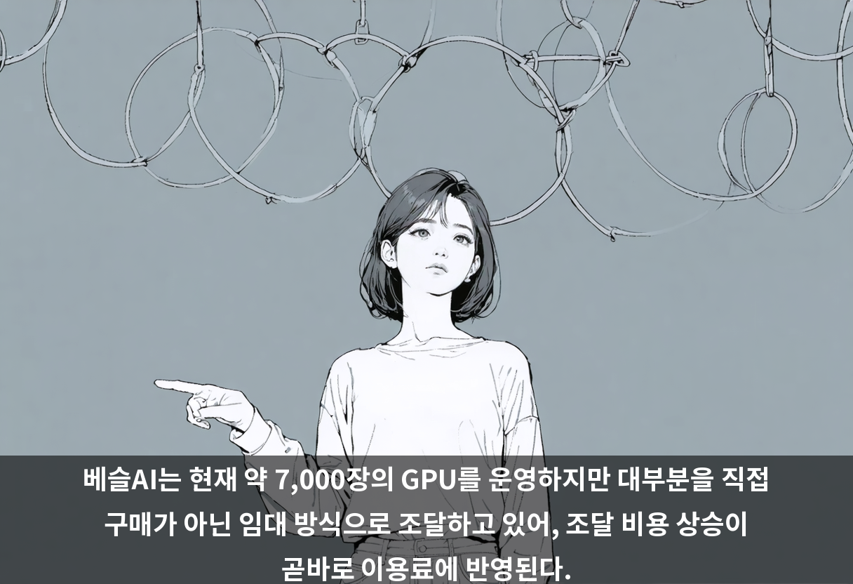 베슬AI는 현재 약 7,000장의 GPU를 운영하지만 대부분을 직접 구매가 아닌 임대 방식으로 조달하고 있어, 조달 비용 상승이 곧바로 이용료에 반영된다.