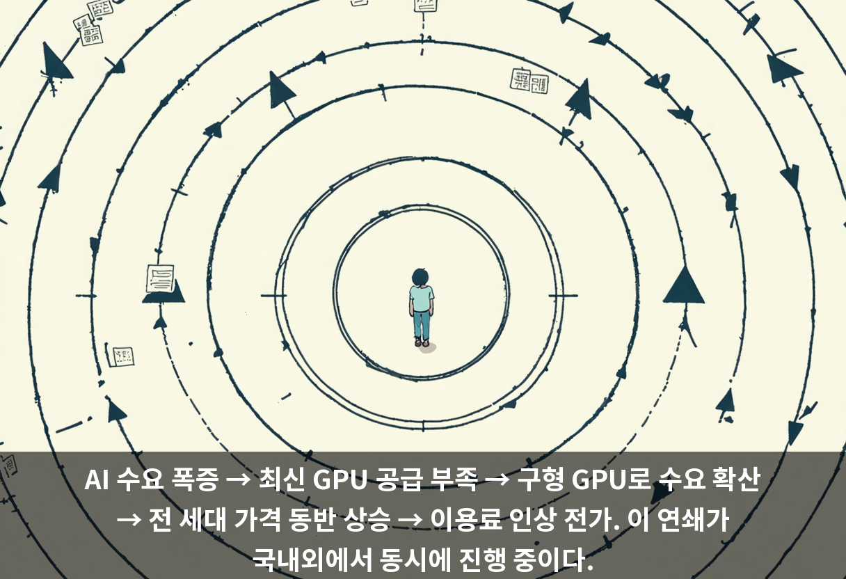 AI 수요 폭증 → 최신 GPU 공급 부족 → 구형 GPU로 수요 확산 → 전 세대 가격 동반 상승 → 이용료 인상 전가. 이 연쇄가 국내외에서 동시에 진행 중이다.