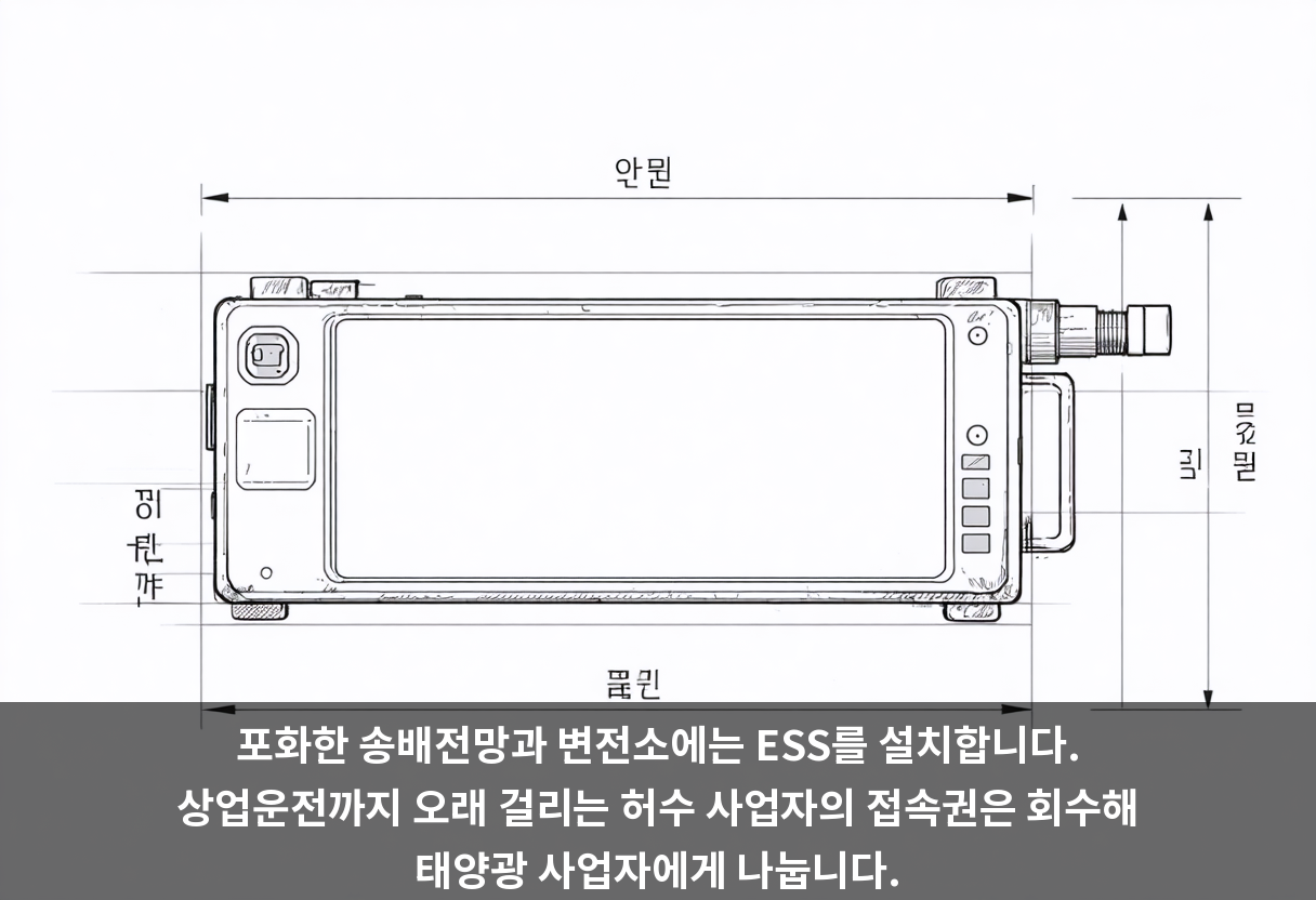 포화한 송배전망과 변전소에는 ESS를 설치합니다. 상업운전까지 오래 걸리는 허수 사업자의 접속권은 회수해 태양광 사업자에게 나눕니다.