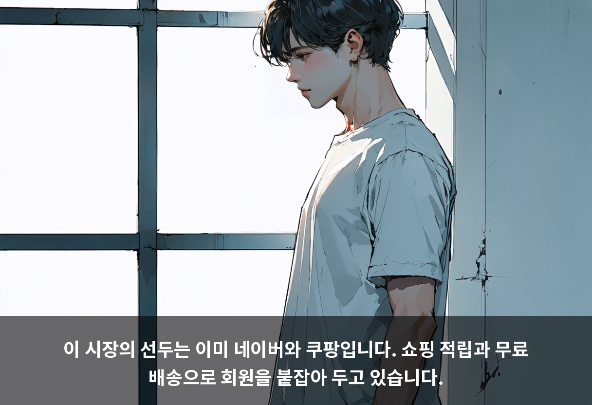 이 시장의 선두는 이미 네이버와 쿠팡입니다. 쇼핑 적립과 무료 배송으로 회원을 붙잡아 두고 있습니다.