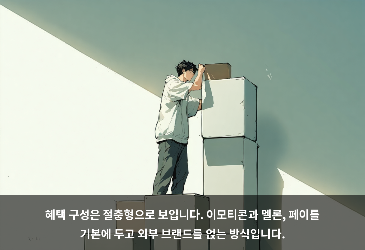 혜택 구성은 절충형으로 보입니다. 이모티콘과 멜론, 페이를 기본에 두고 외부 브랜드를 얹는 방식입니다.