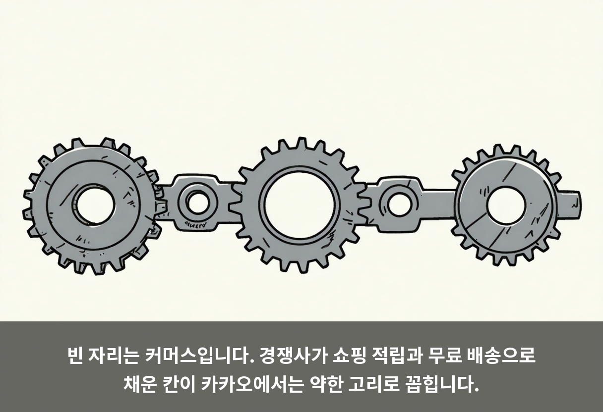 빈 자리는 커머스입니다. 경쟁사가 쇼핑 적립과 무료 배송으로 채운 칸이 카카오에서는 약한 고리로 꼽힙니다.