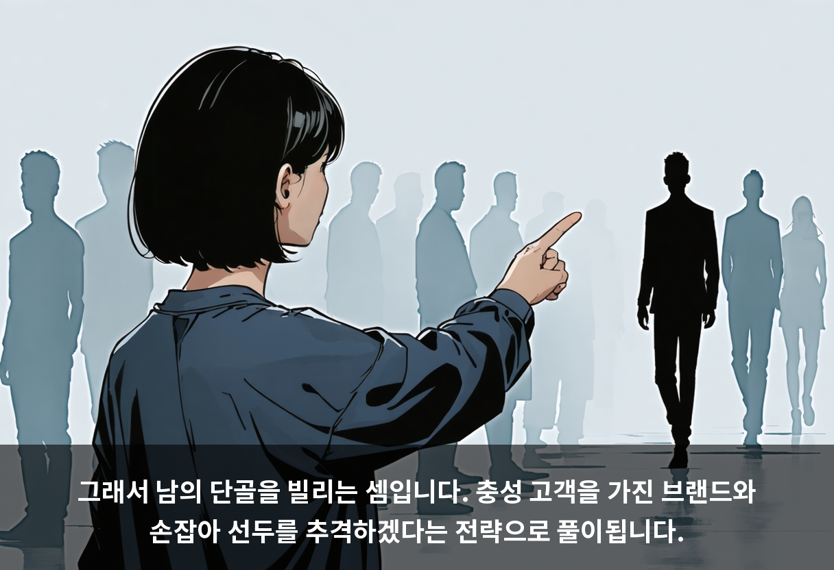 그래서 남의 단골을 빌리는 셈입니다. 충성 고객을 가진 브랜드와 손잡아 선두를 추격하겠다는 전략으로 풀이됩니다.